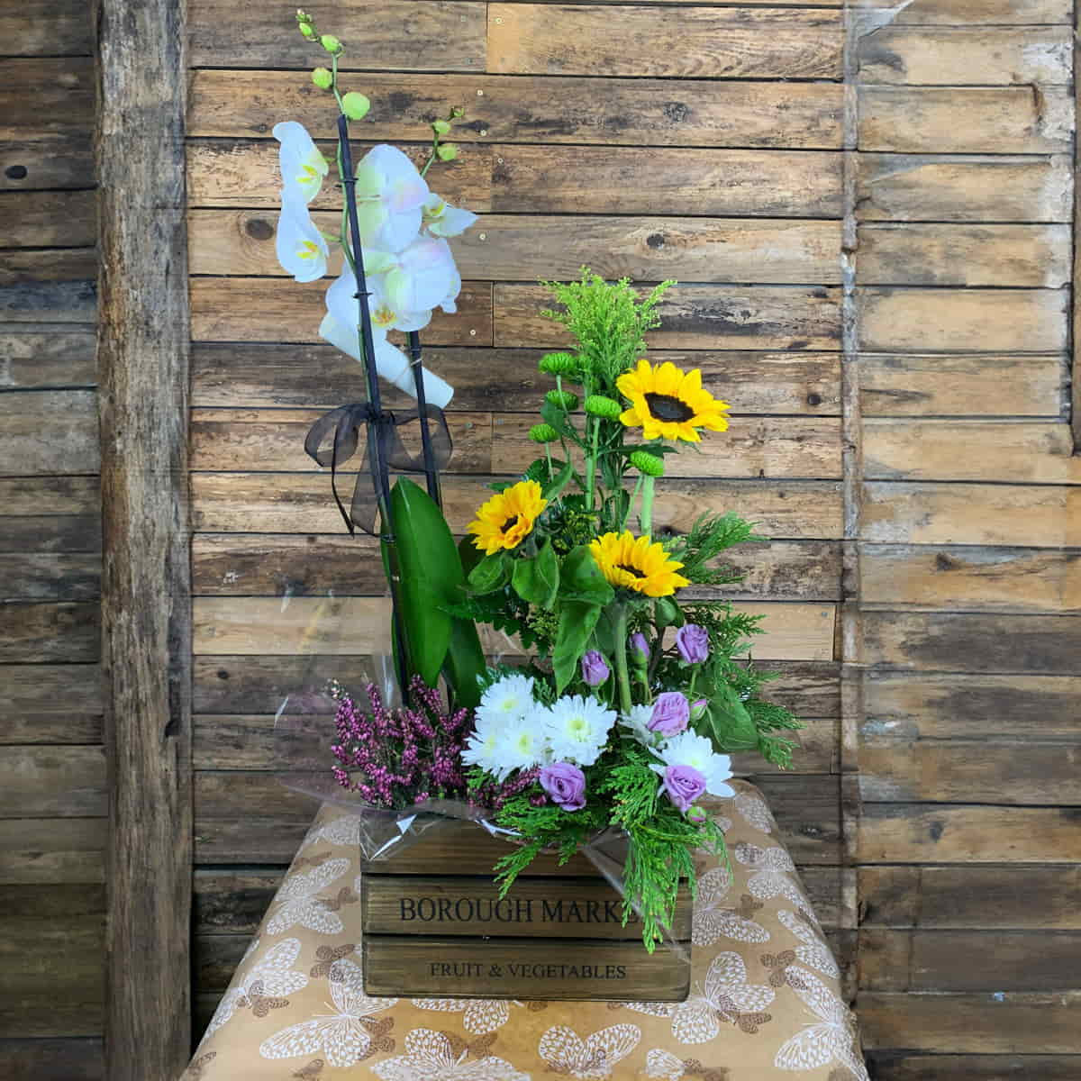 Caja de Madera Orquídea y Girasoles